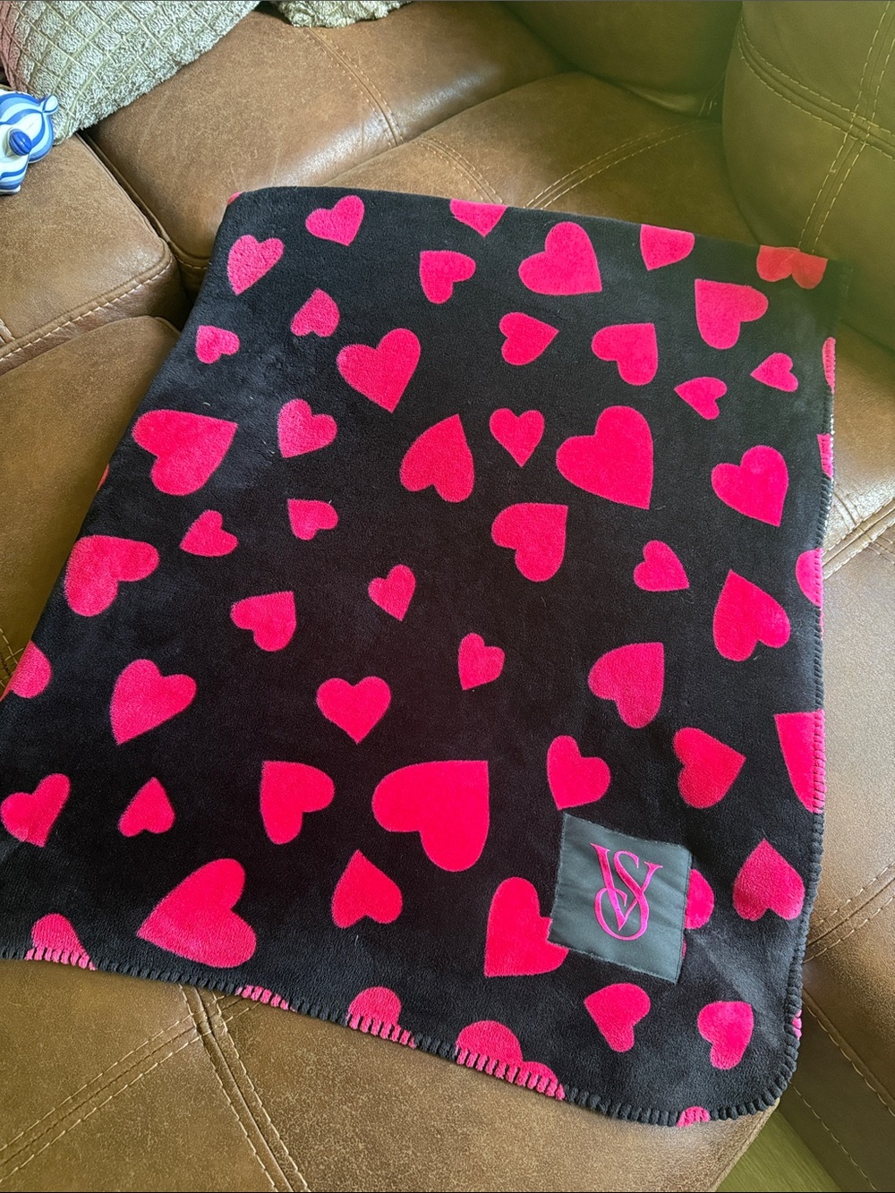 Victoria's Secret Black & Hot Pink Heart Throw Blanket